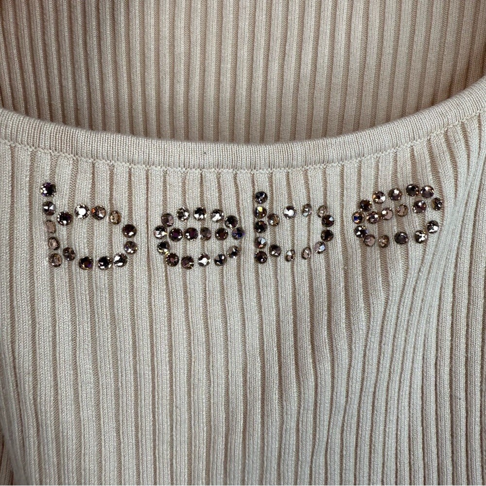 bebe long sleeve Swarovski Beige Ribbed Open cut out front Long Sleeve Top - Picture 3 of 13